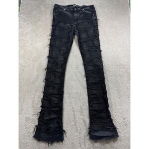 Guapi Mens Obsidian Distressed Flare Stacked Black Denim Jeans 32 Meas: 31x36.5